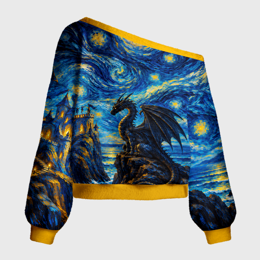 Pagewings Book Dragon Off Shoulder Ugly Knit Sweater