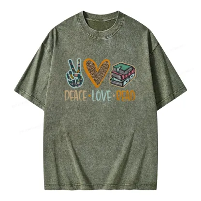 Pagewings Peace Love Read Books Unisex Washed T-shirt