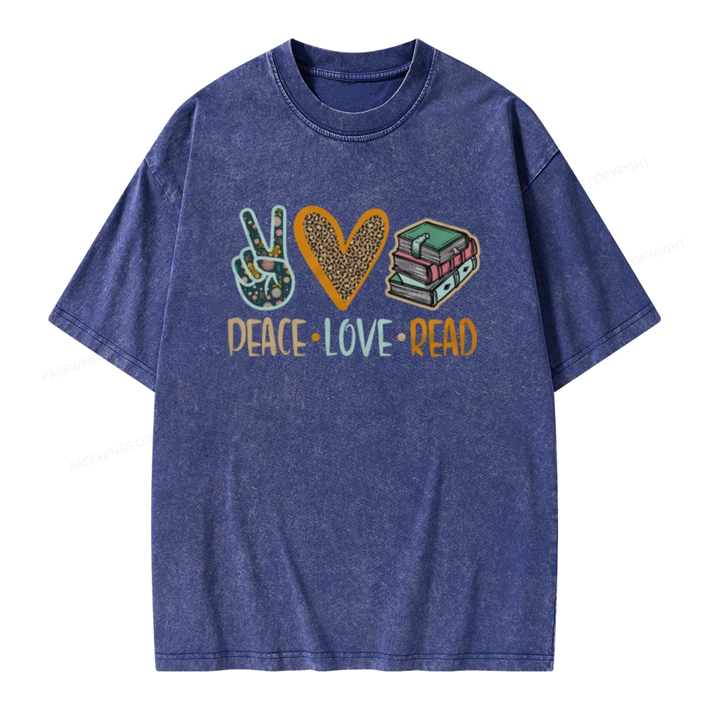 Pagewings Peace Love Read Books Unisex Washed T-shirt