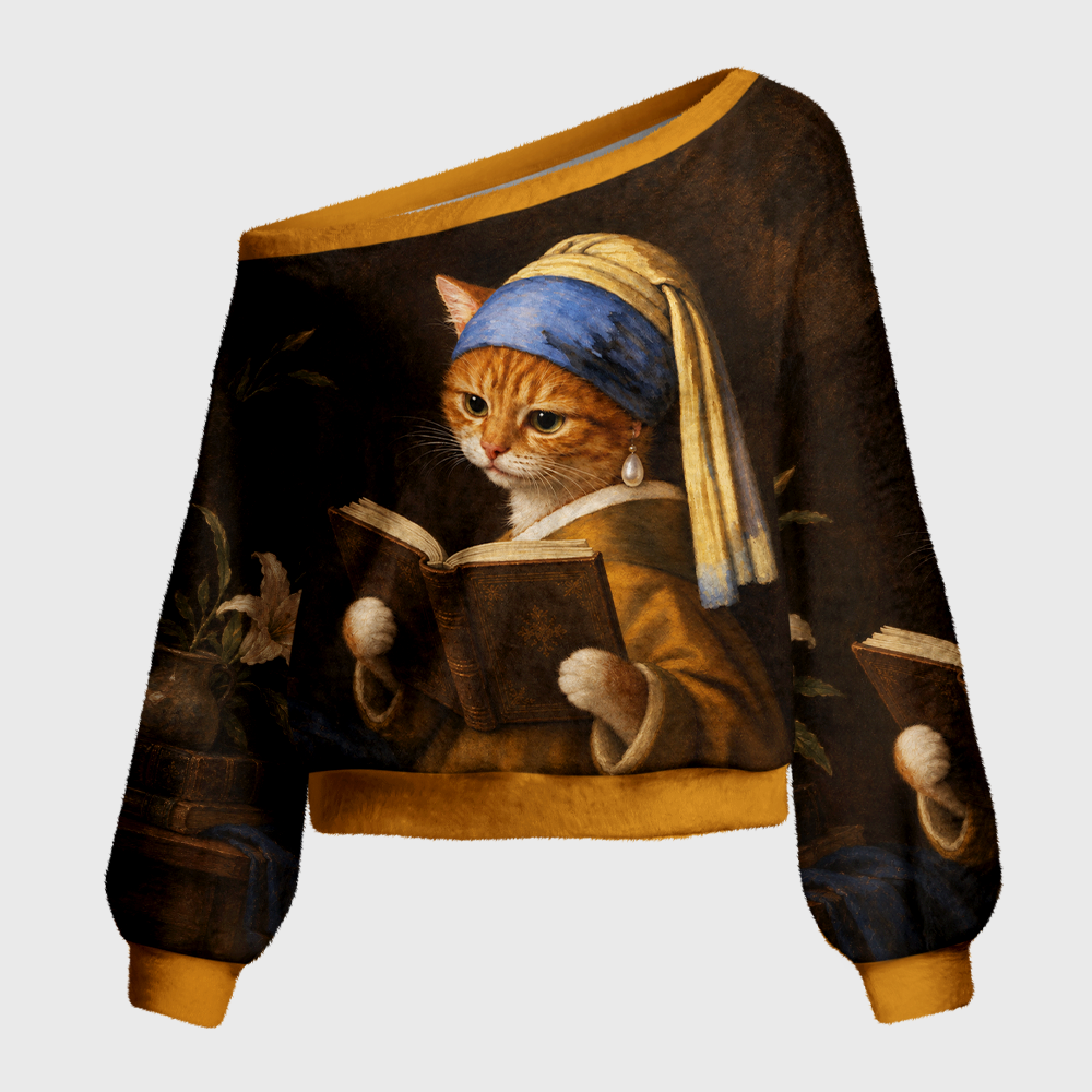 Pagewings Cat Book Lover Off Shoulder Ugly Knit Sweater