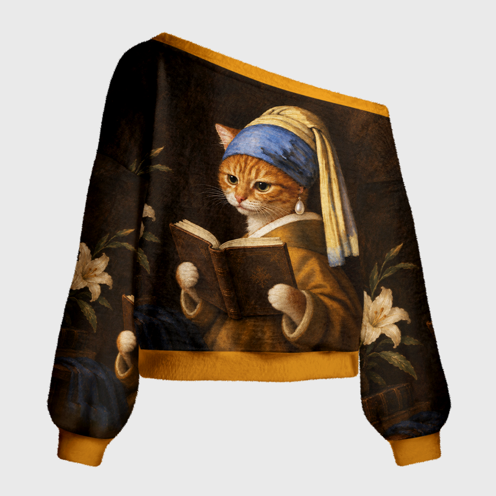 Pagewings Cat Book Lover Off Shoulder Ugly Knit Sweater