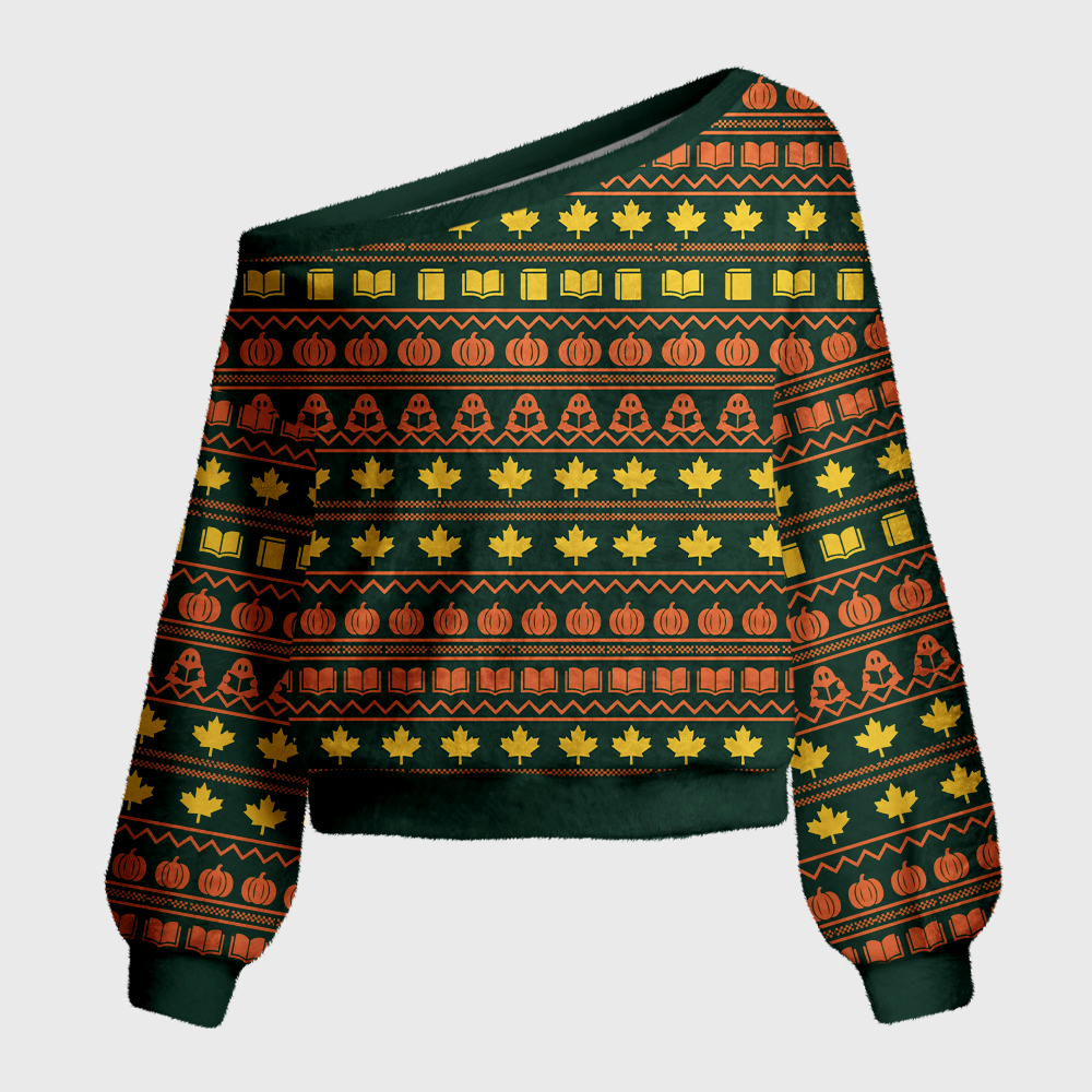 Pagewings Halloween Bookish Off Shoulder Ugly Knit Sweater