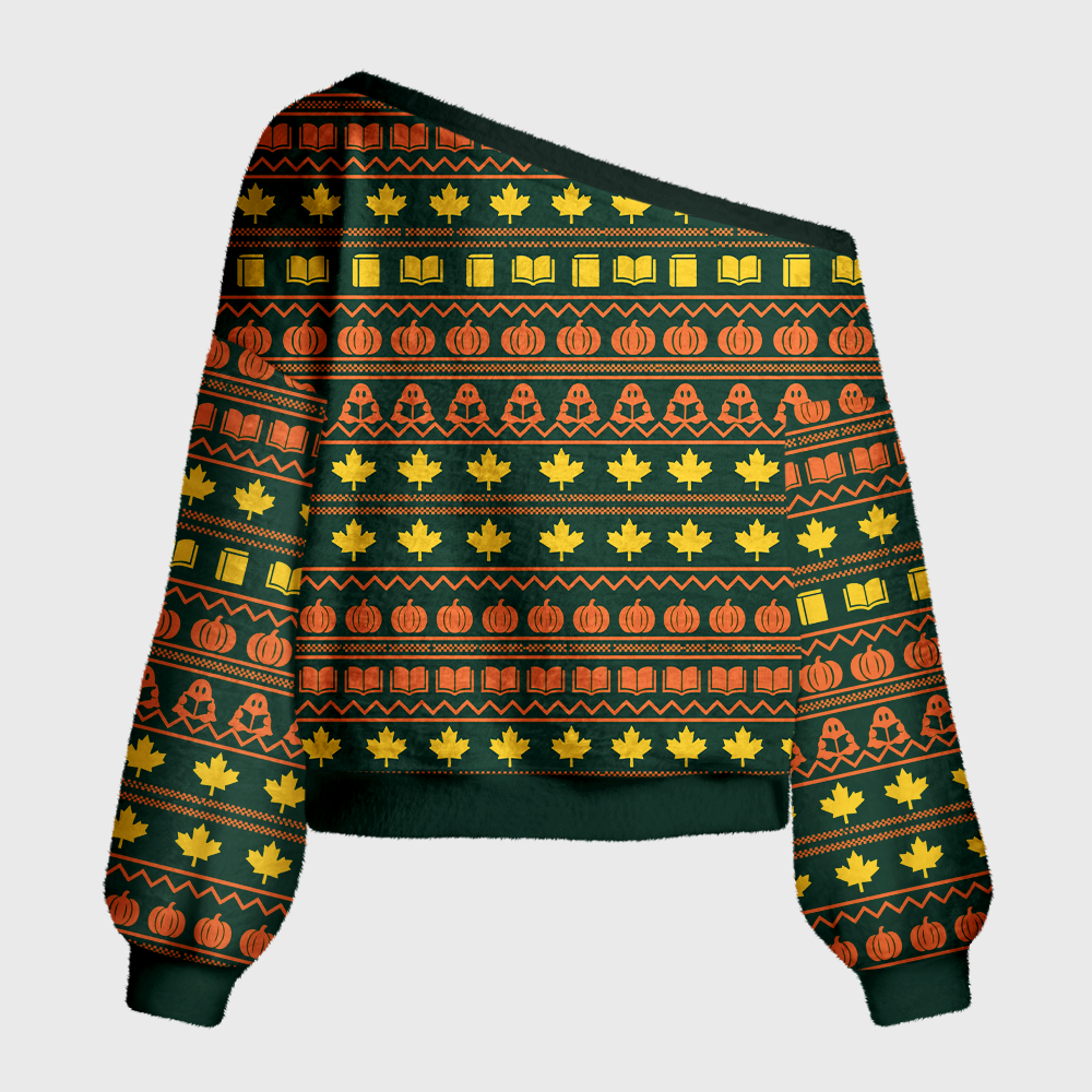 Pagewings Halloween Bookish Off Shoulder Ugly Knit Sweater