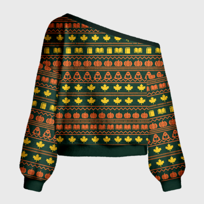 Pagewings Halloween Bookish Off Shoulder Ugly Knit Sweater
