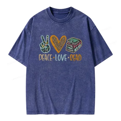 Pagewings Peace Love Read Books Unisex Washed T-shirt