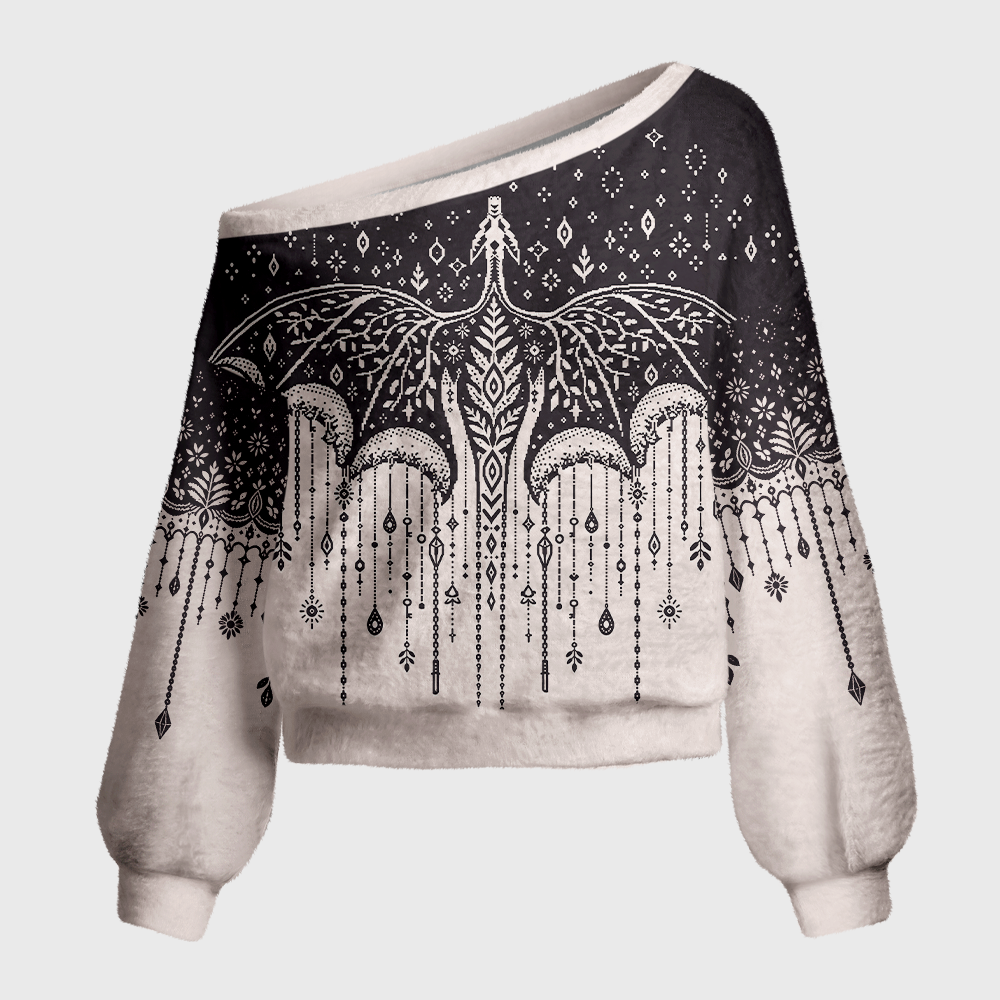Pagewings Book Dragon Off Shoulder Ugly Knit Sweater
