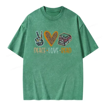 Pagewings Peace Love Read Books Unisex Washed T-shirt