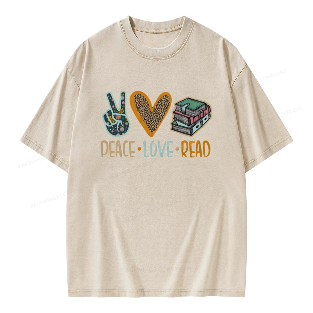 Pagewings Peace Love Read Books Unisex Washed T-shirt