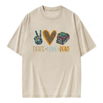 Pagewings Peace Love Read Books Unisex Washed T-shirt