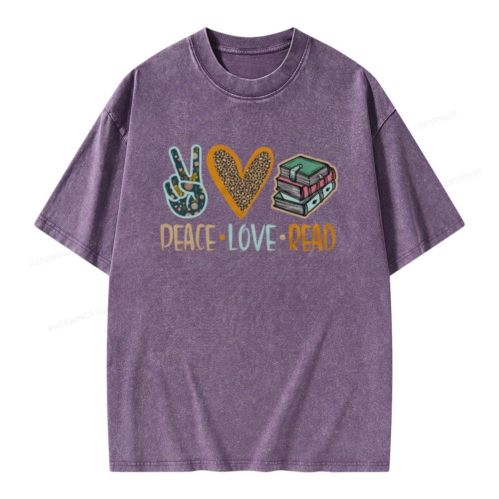 Pagewings Peace Love Read Books Unisex Washed T-shirt
