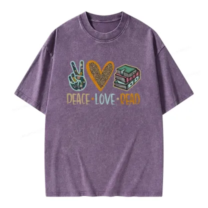 Pagewings Peace Love Read Books Unisex Washed T-shirt