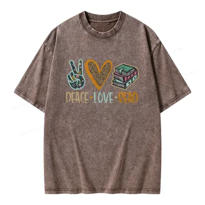 Pagewings Peace Love Read Books Unisex Washed T-shirt