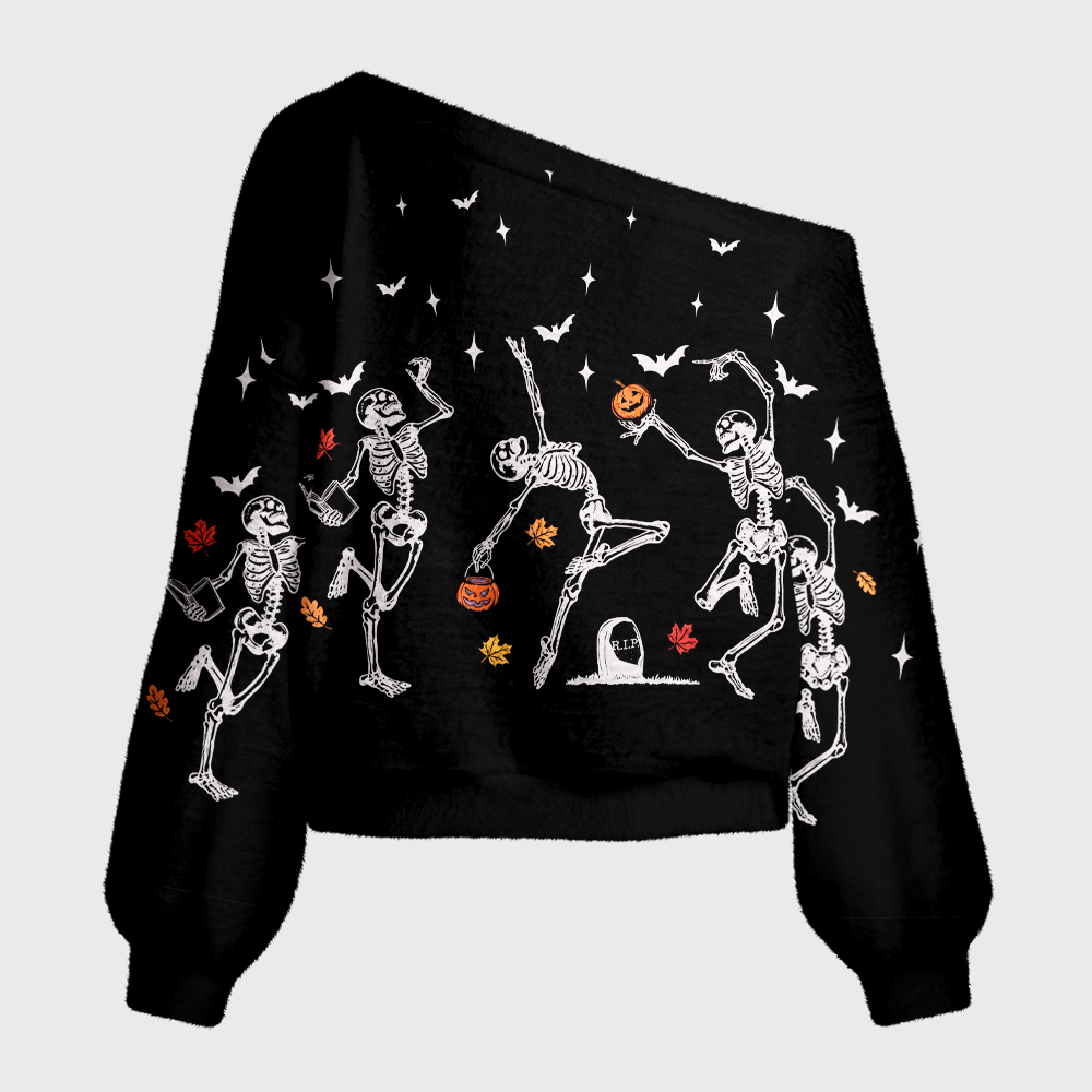 Pagewings Dancing Skeleton Off Shoulder Ugly Knit Sweater