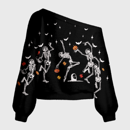 Pagewings Dancing Skeleton Off Shoulder Ugly Knit Sweater