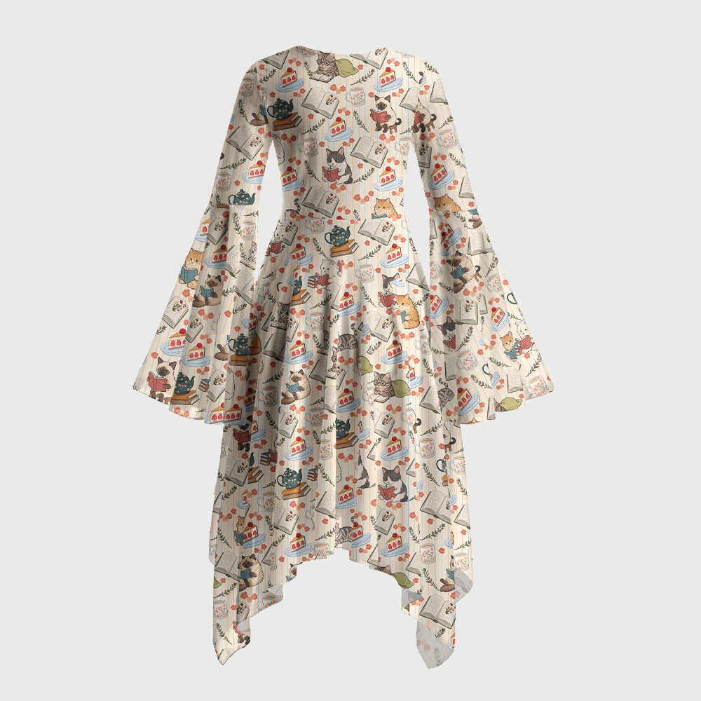 Pagewings Cat Book Lover Bell Sleeve Dress