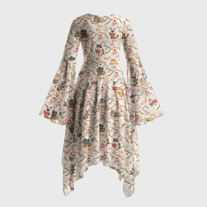 Pagewings Cat Book Lover Bell Sleeve Dress