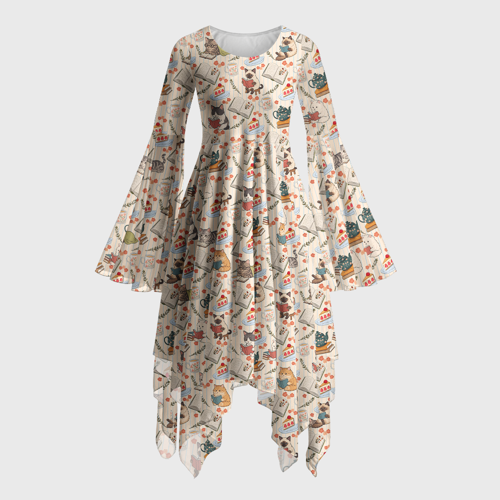 Pagewings Cat Book Lover Bell Sleeve Dress