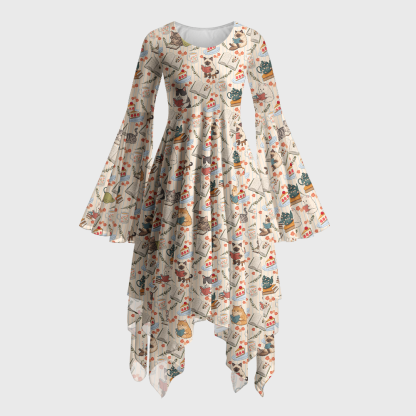 Pagewings Cat Book Lover Bell Sleeve Dress