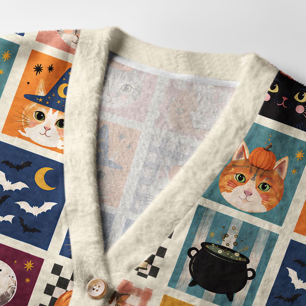 Pagewings Halloween cat reading Light Knit Unisex Cardigan Sweaters