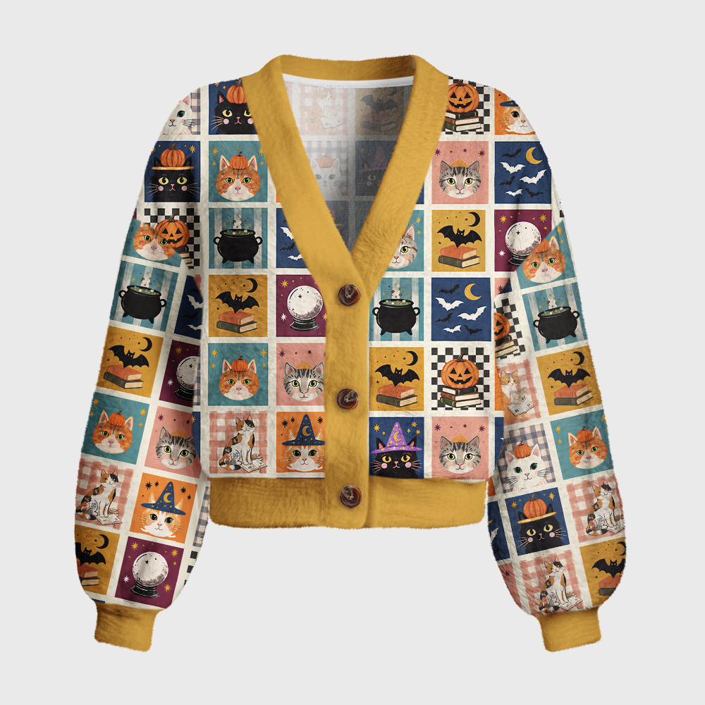 Pagewings Halloween cat reading Women's Cardigan Sweater