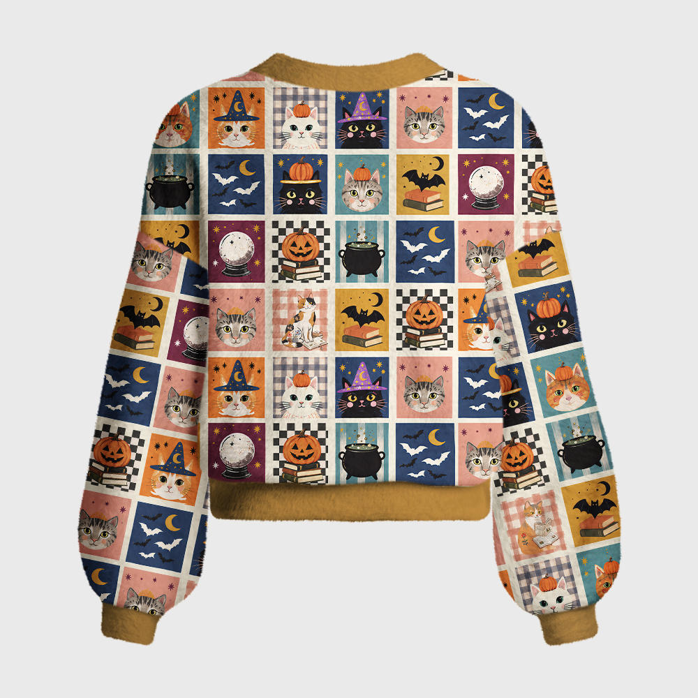 Pagewings Halloween cat reading Women's Cardigan Sweater