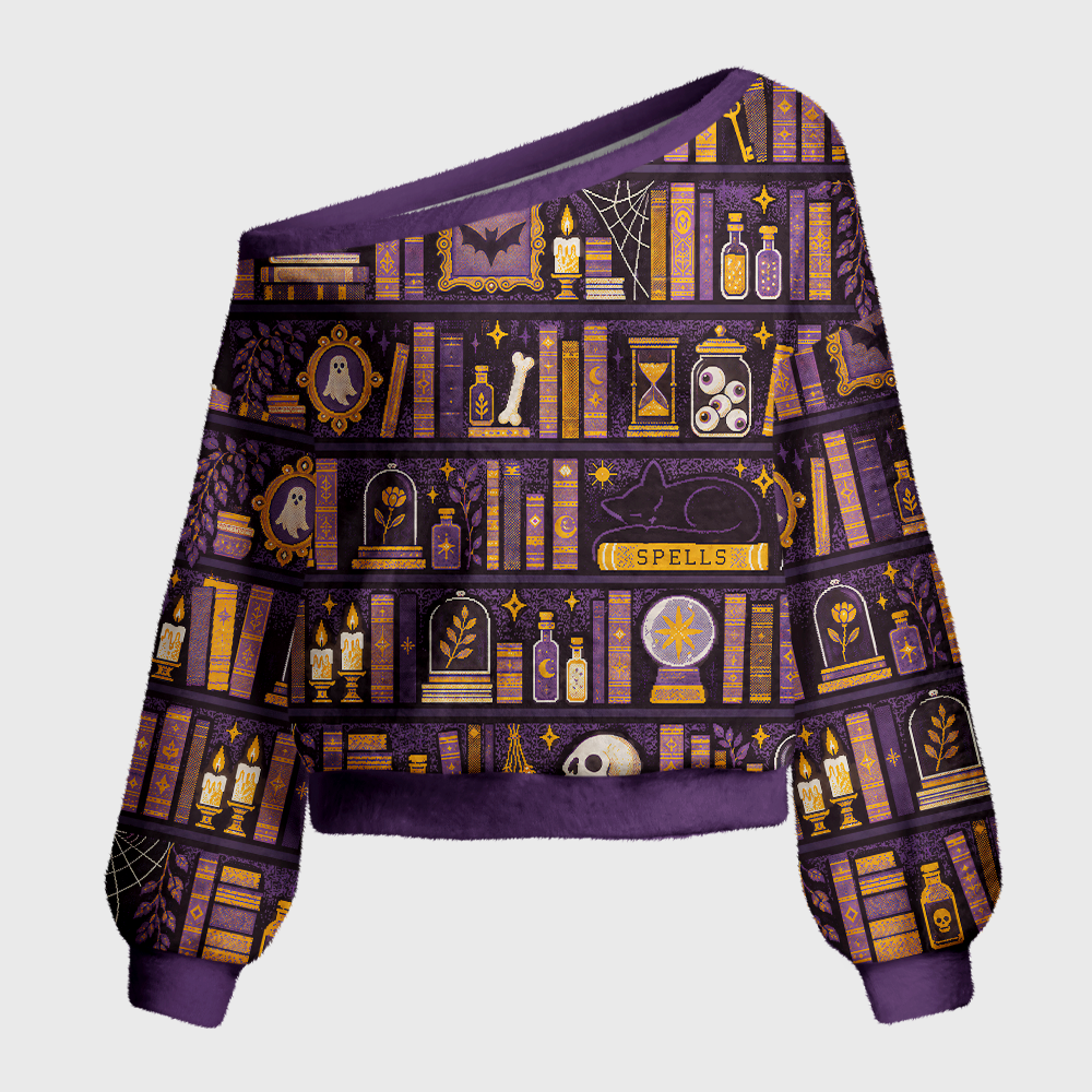 Pagewings Halloween Bookish Off Shoulder Ugly Knit Sweater