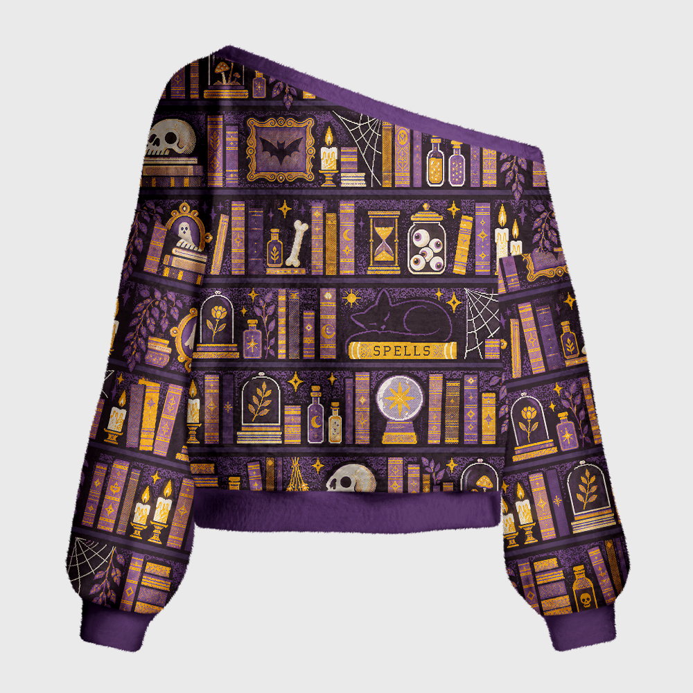 Pagewings Halloween Bookish Off Shoulder Ugly Knit Sweater