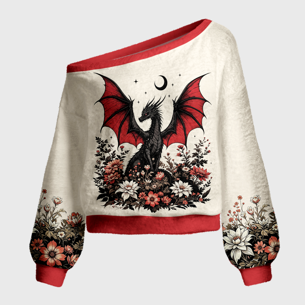 Pagewings Book Dragon Off Shoulder Ugly Knit Sweater