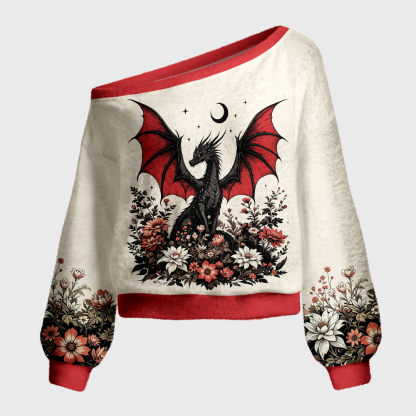 Pagewings Book Dragon Off Shoulder Ugly Knit Sweater