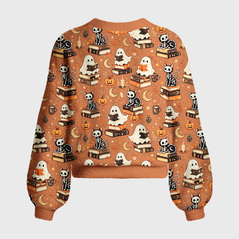 Pagewings Halloween cat reading Women's Cardigan Sweater