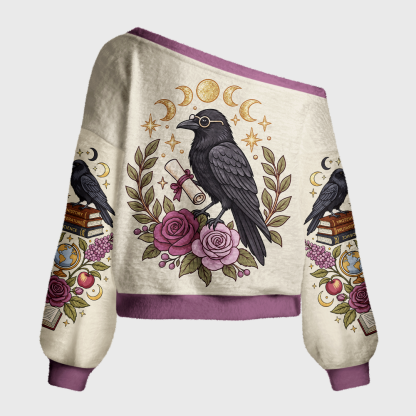 Pagewings Reading Crow Off Shoulder Ugly Knit Sweater