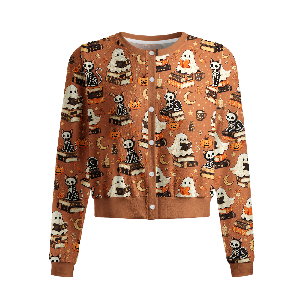Pagewings Halloween cat reading Crew Neck Cardigan Sweaters