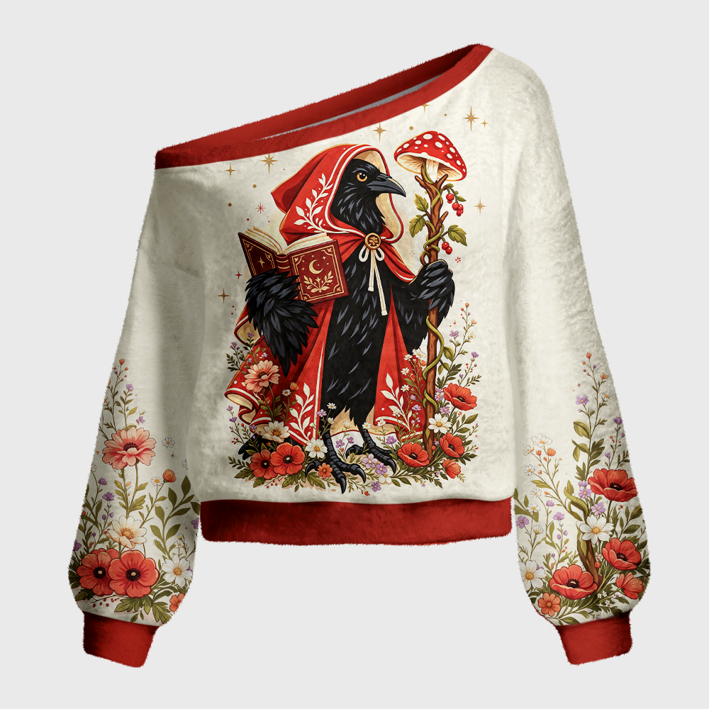 Pagewings Mysterious Reading Crow Off Shoulder Ugly Knit Sweater