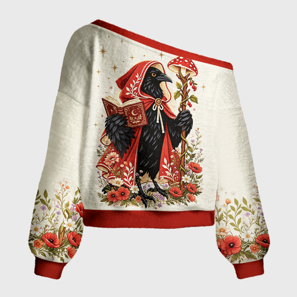 Pagewings Mysterious Reading Crow Off Shoulder Ugly Knit Sweater
