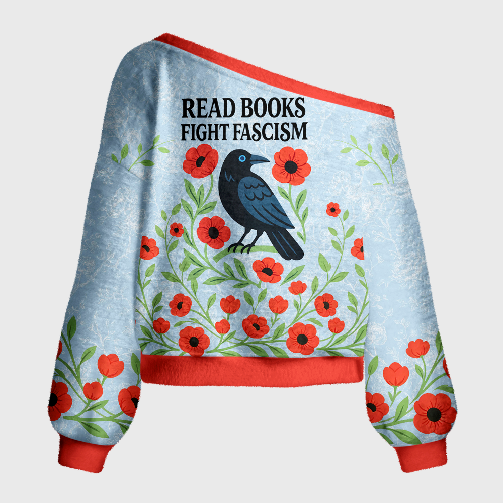 Pagewings Read Books Fight Fascism Off Shoulder Ugly Knit Sweater