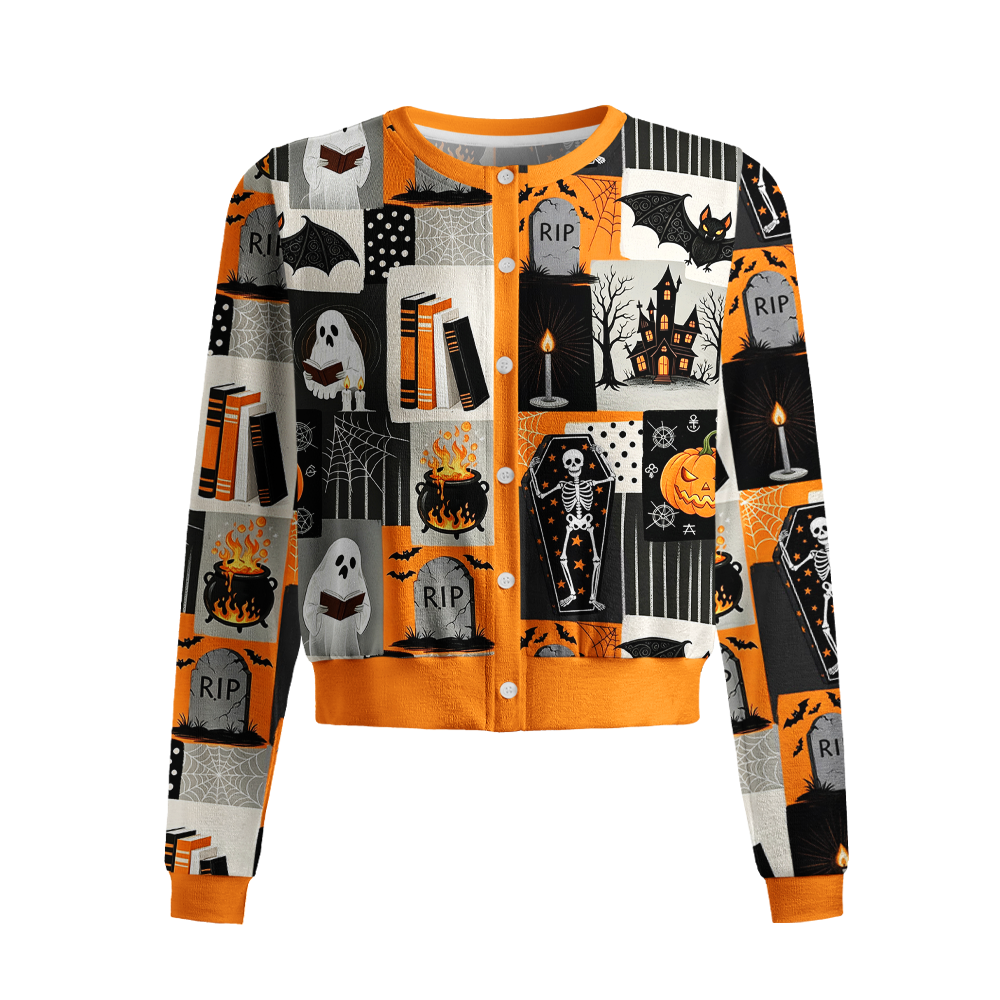 Pagewings Halloween Bookish Crew Neck Cardigan Sweaters