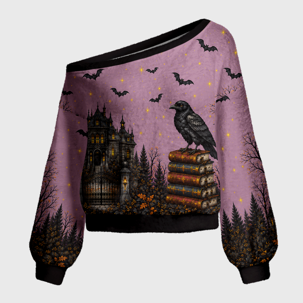 Pagewings Mysterious Reading Crow Off Shoulder Ugly Knit Sweater