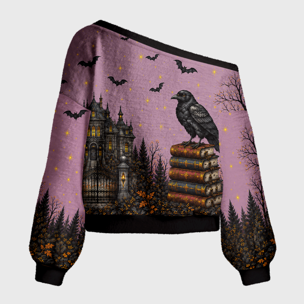 Pagewings Mysterious Reading Crow Off Shoulder Ugly Knit Sweater