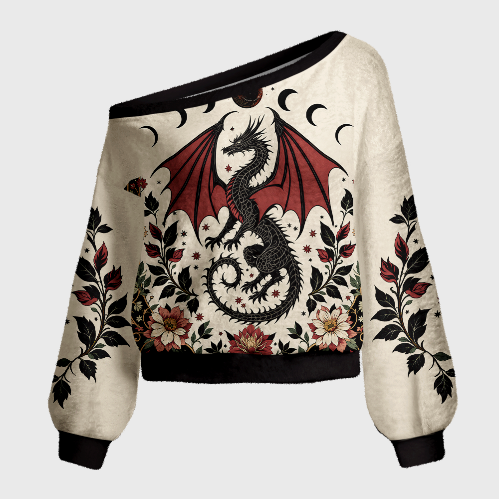 Pagewings Book Dragon Crow Off Shoulder Ugly Knit Sweater