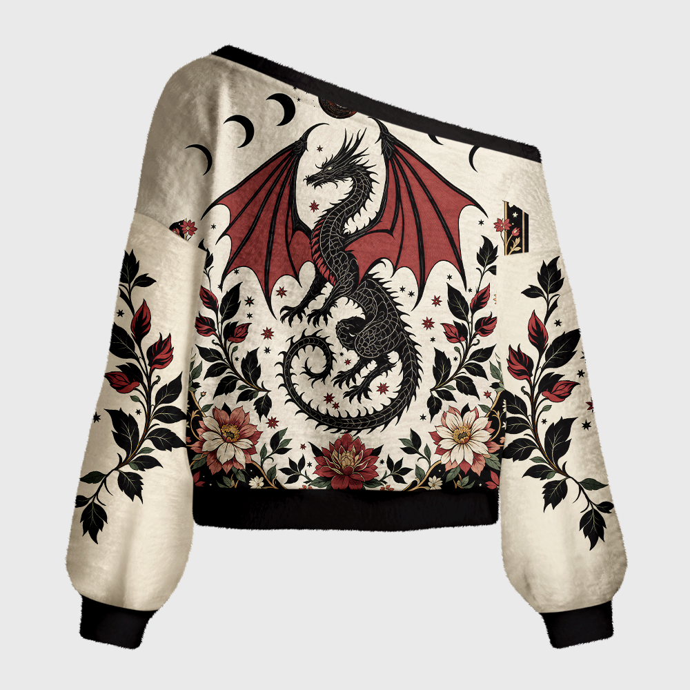 Pagewings Book Dragon Crow Off Shoulder Ugly Knit Sweater