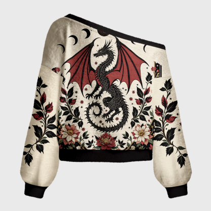 Pagewings Book Dragon Crow Off Shoulder Ugly Knit Sweater