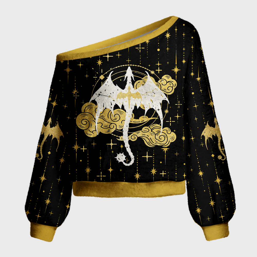 Pagewings Book Dragon Crow Off Shoulder Ugly Knit Sweater