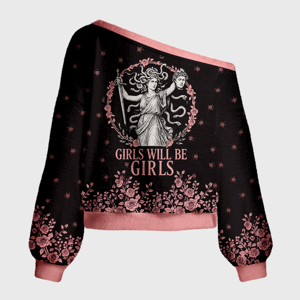 Pagewings Girls Will Be Girls Off Shoulder Ugly Knit Sweater
