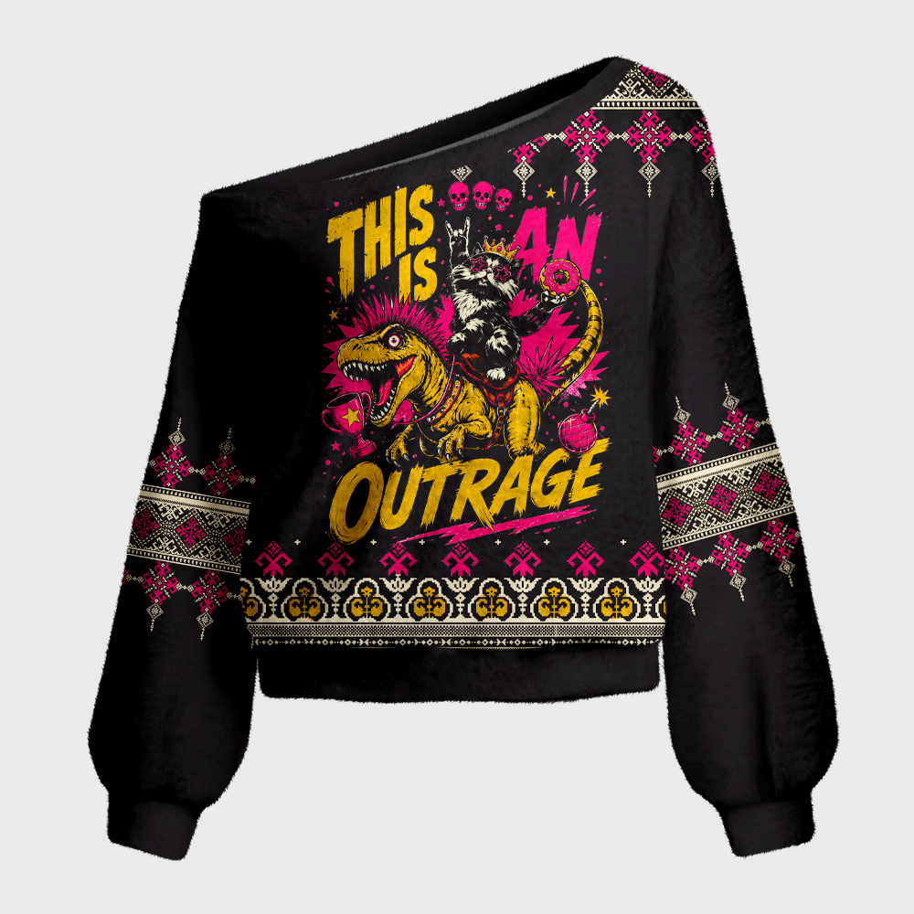 Pagewings This Is An Outrage Off Shoulder Ugly Knit Sweater