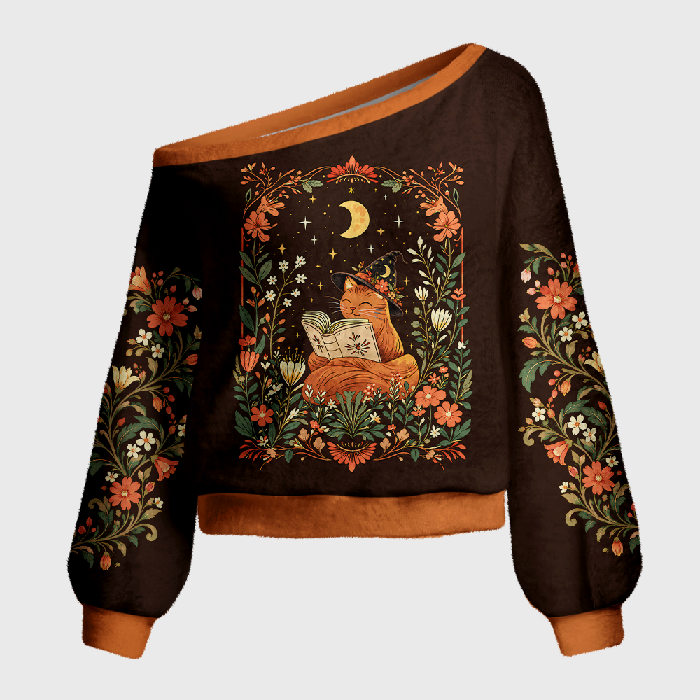 Pagewings Cat Book Lover Off Shoulder Ugly Knit Sweater
