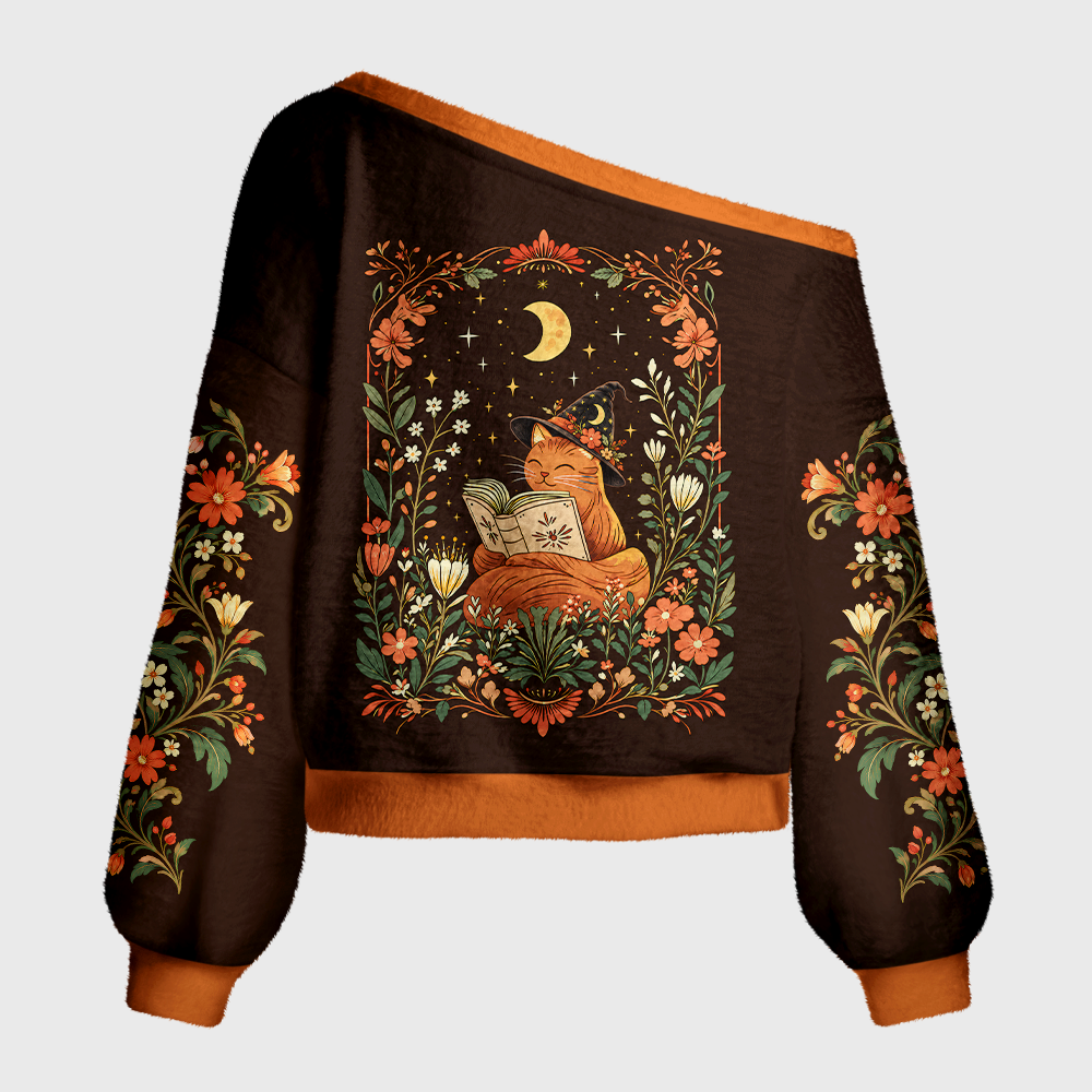 Pagewings Cat Book Lover Off Shoulder Ugly Knit Sweater