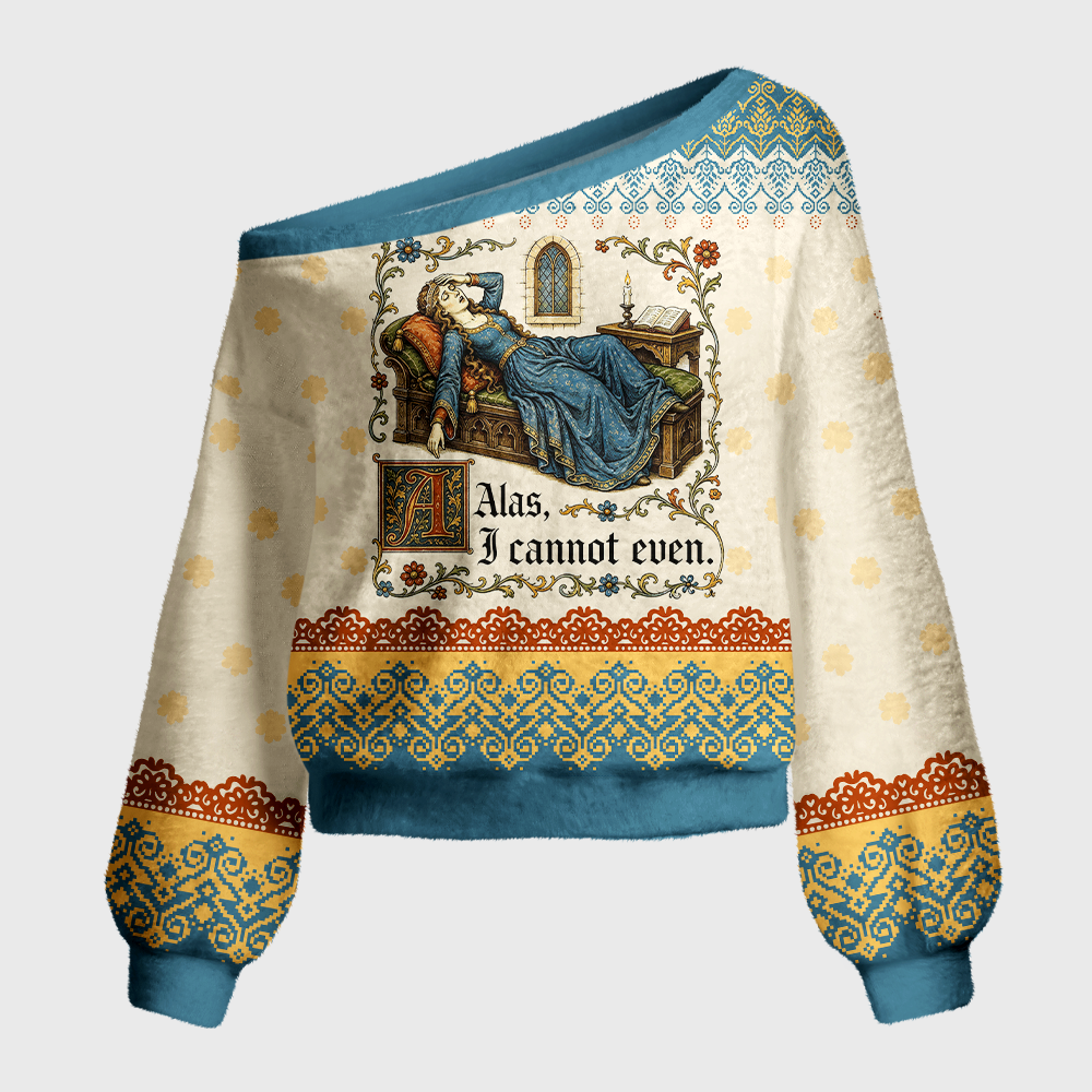 Pagewings Medieval Book Lover Off Shoulder Ugly Knit Sweater