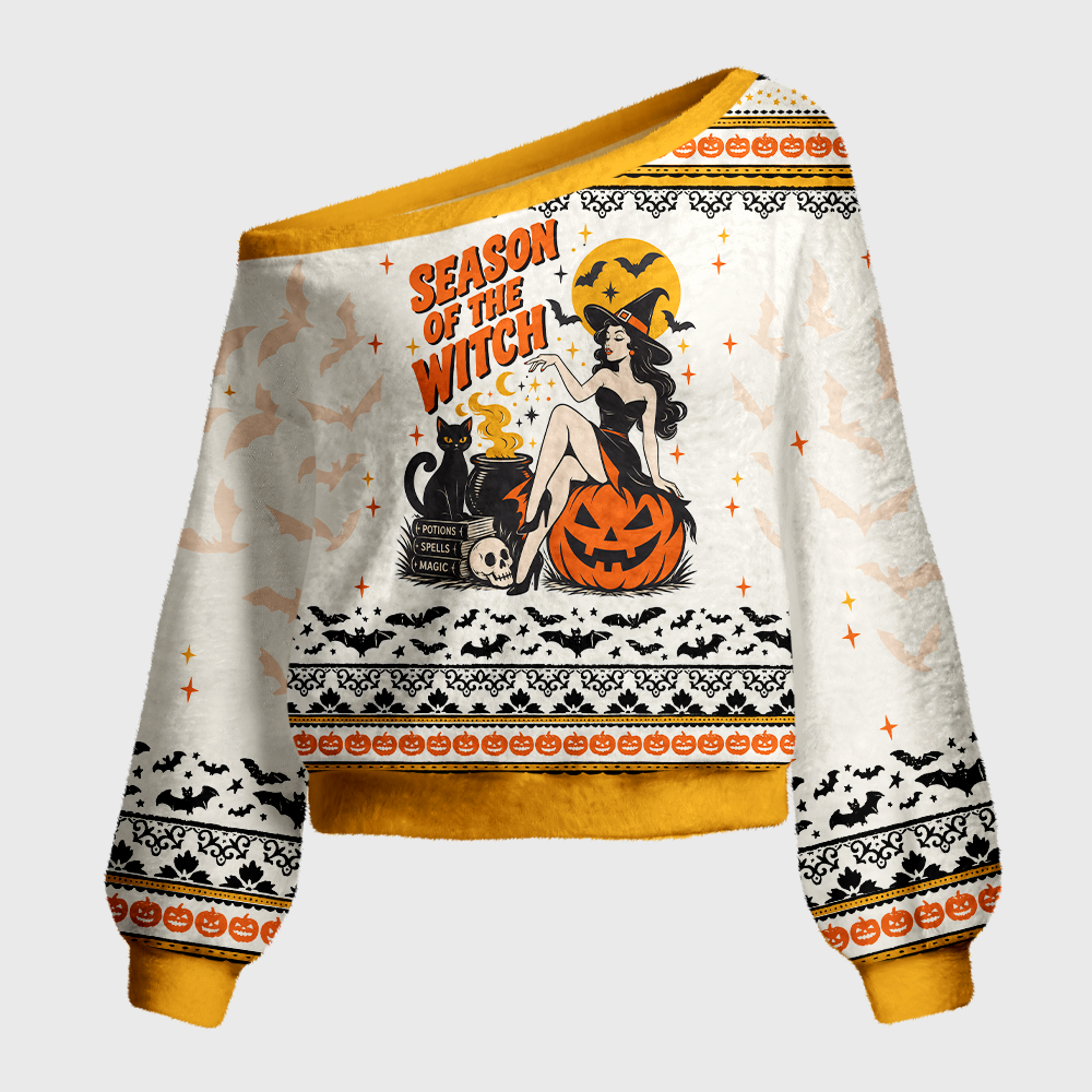 Pagewings Halloween Bookish Off Shoulder Ugly Knit Sweater
