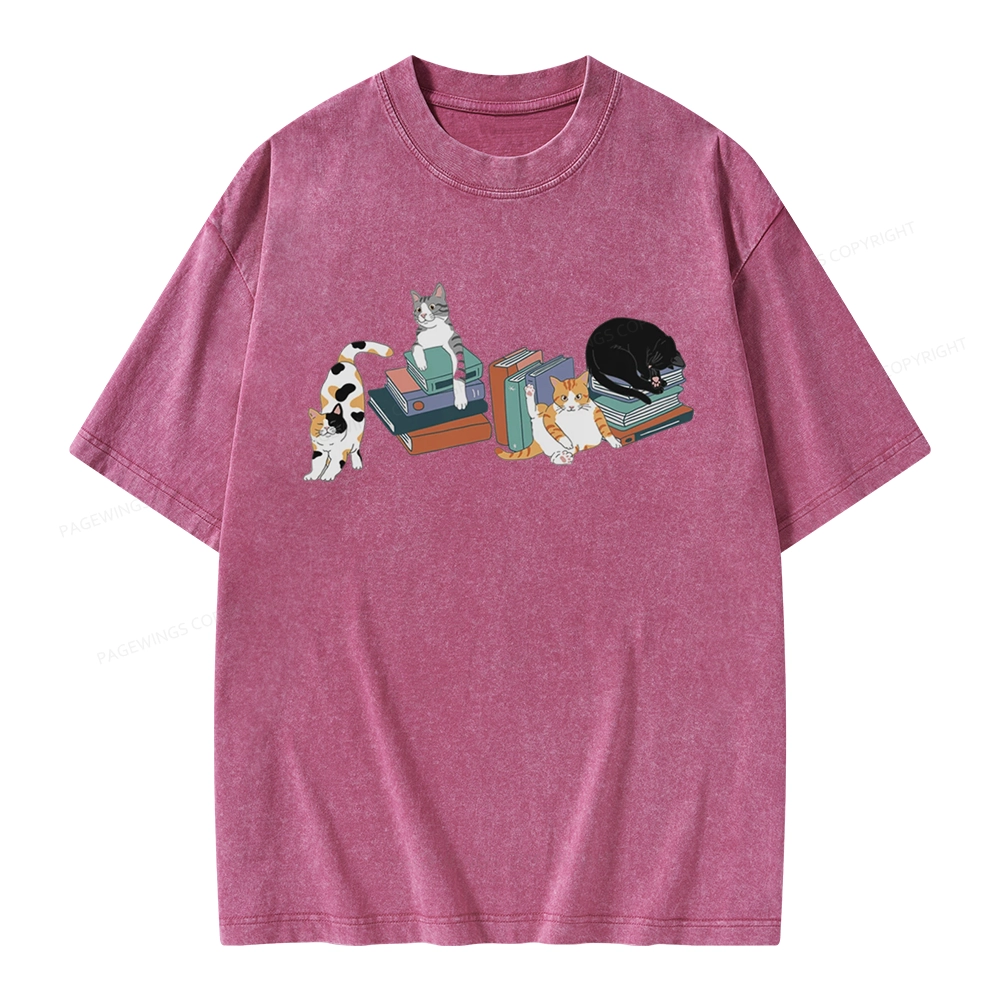 Pagewings Cats and Books Unisex Washed T-shirt