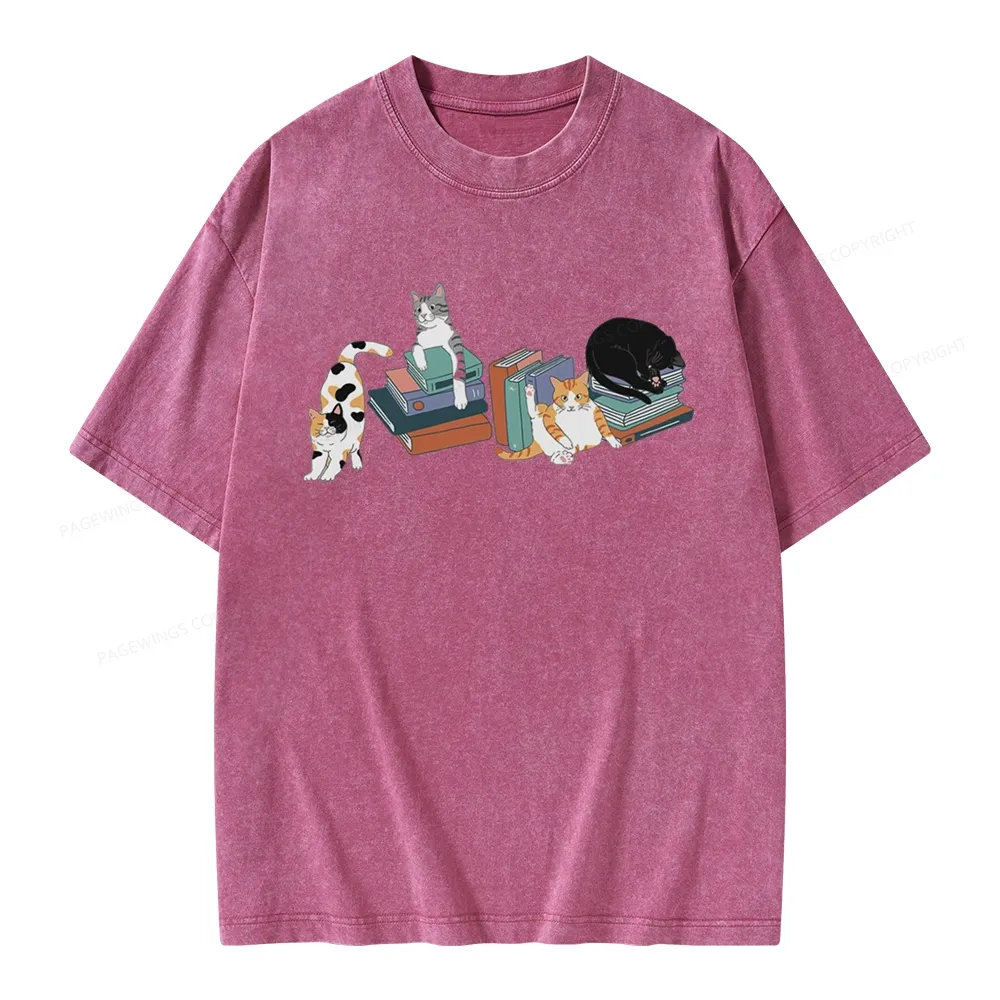Pagewings Cats and Books Unisex Washed T-shirt